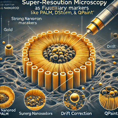 iillustrating how gold nanorods are used as fiduciary markers in super-resolution microscopy techniques like PALM, dSTORM, and qPAINT. The image highlights the drift correction and strong scattering properties of the gold nanorods.